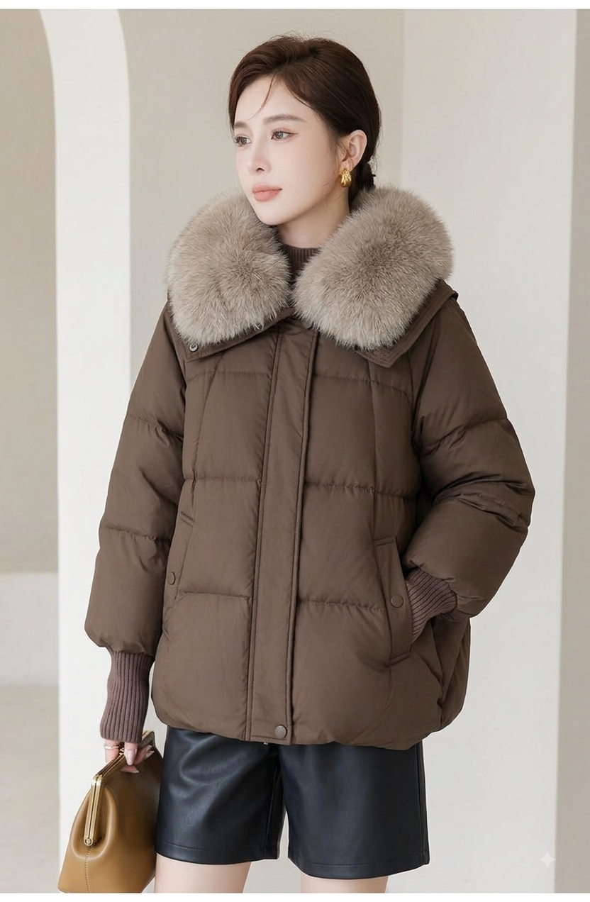 Women's Short Puffer Jacket with Fur Collar