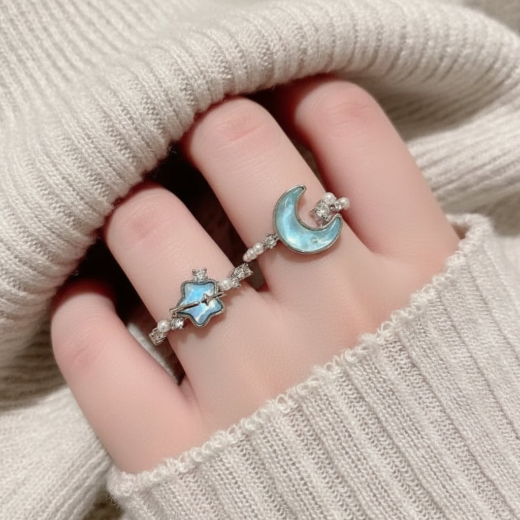 Blue Star & Moon Adjustable Open Ring for Women