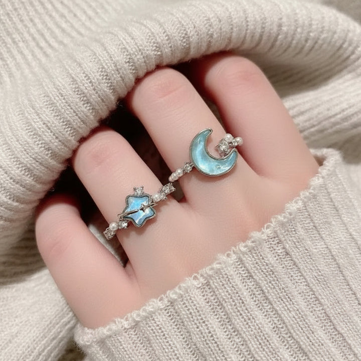 Blue Star & Moon Adjustable Open Ring for Women