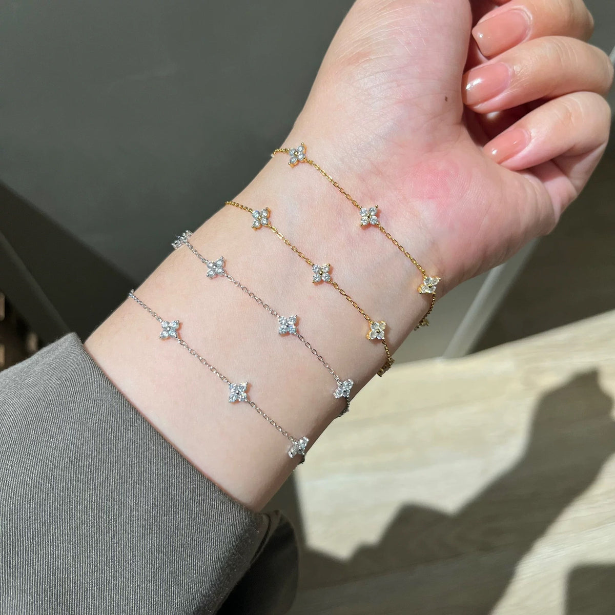 S925 Silver 14K Gold Clover Zircon Stackable Bracelet