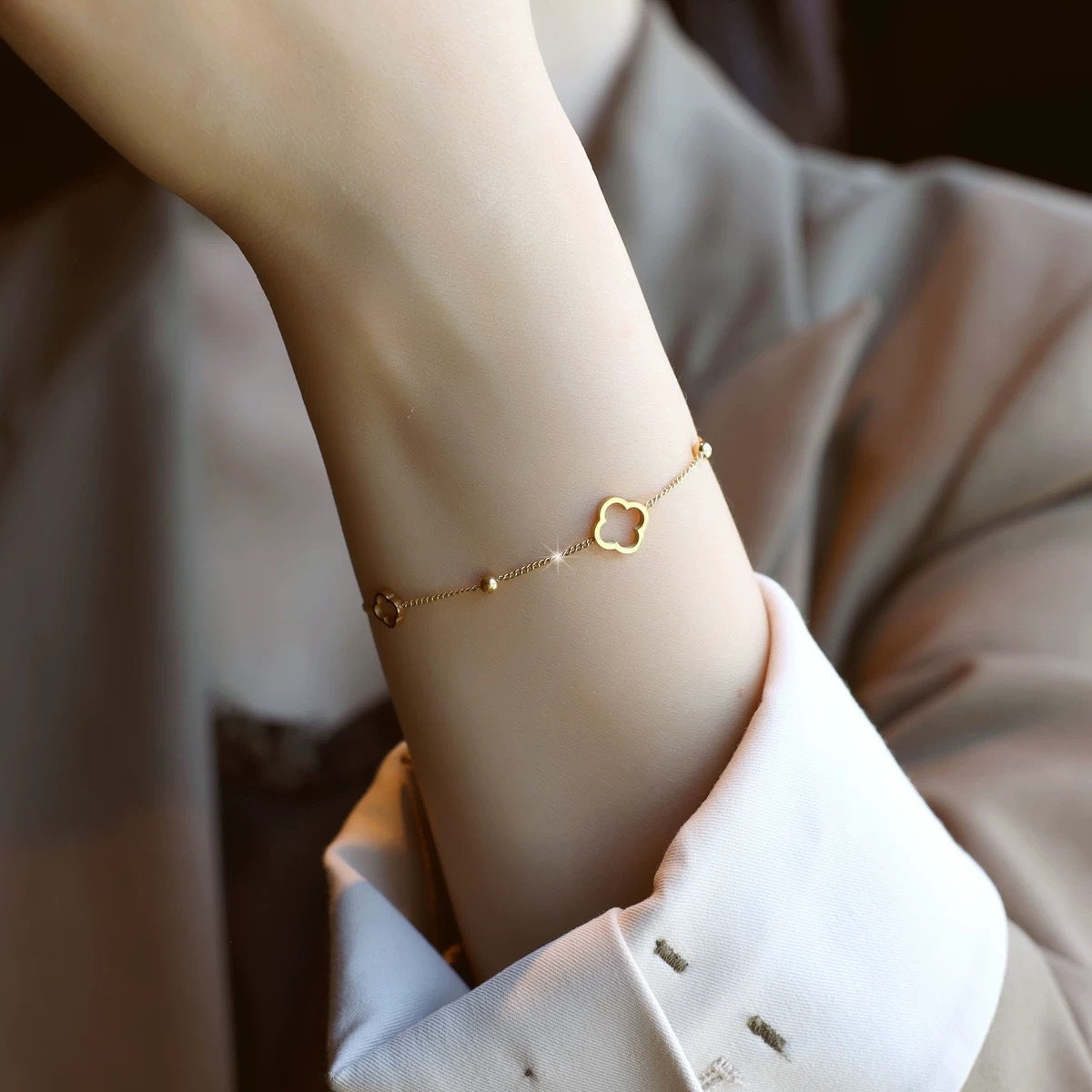 S925 Silver 14K Gold Hollow Clover Bracelet