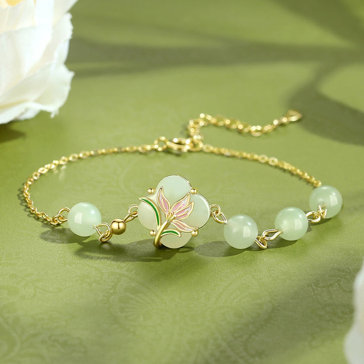 S925 sterling silver four-leaf clover Hetian jade beaded bracelet