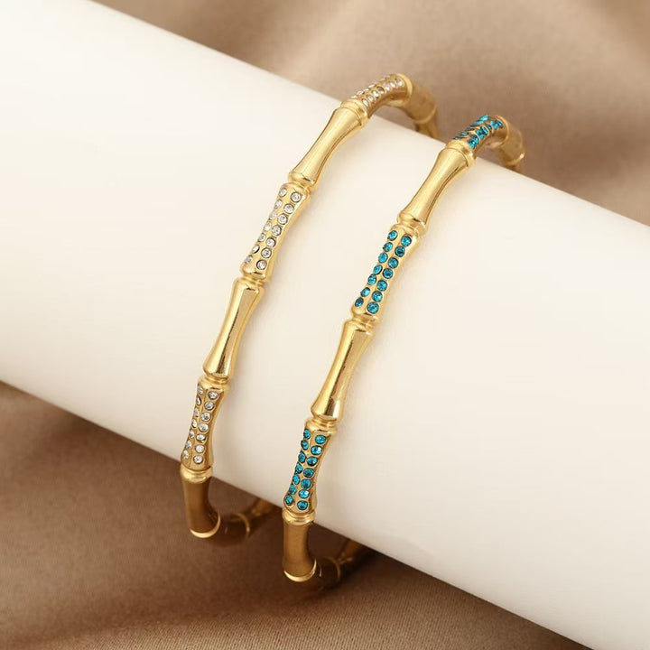 Bamboo Bracelet, Crystal Pavé, Gold-Plated Stainless Steel - view 2