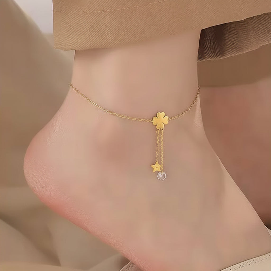 14K Gold-Plated Clover Anklet – Titanium Steel Star Pendant