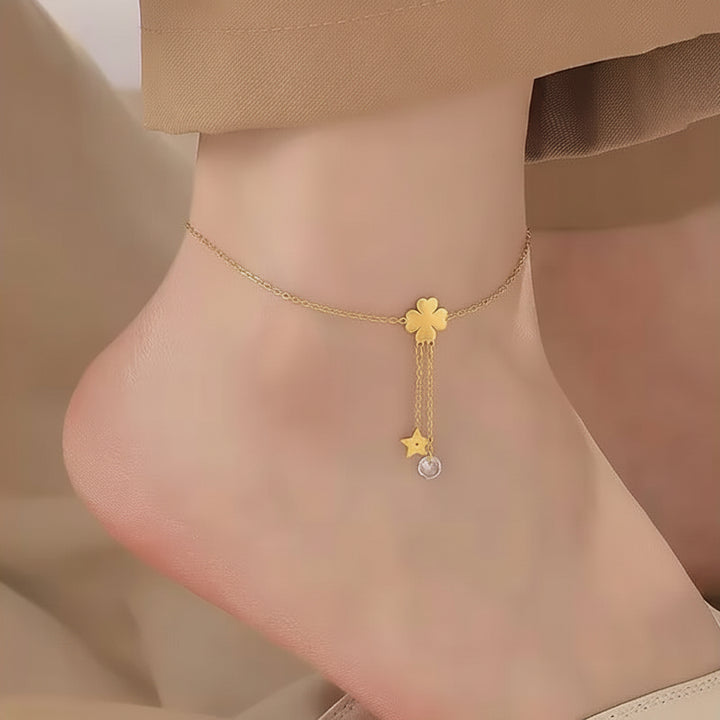 14K gold-plated titanium steel clover anklet with star pendant