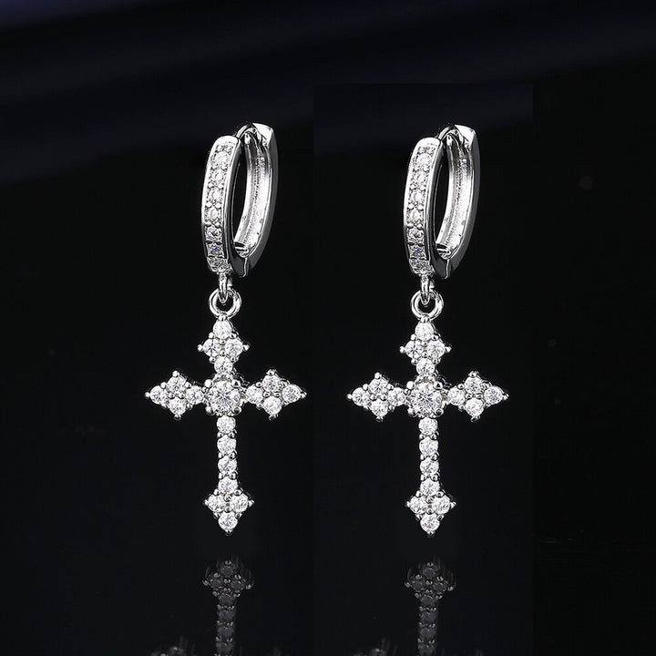 Crystal Pavé Cross Hoop Earrings, Retro Hip-Hop Style - view 2