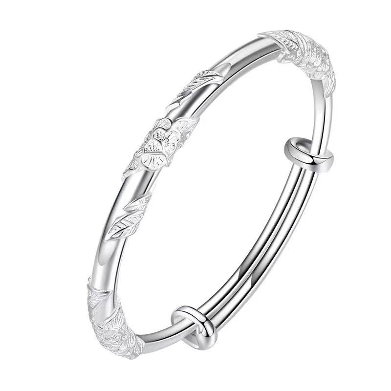 Floral Jade Bracelet, Solid S999 Fine Silver, Engraved - view 2