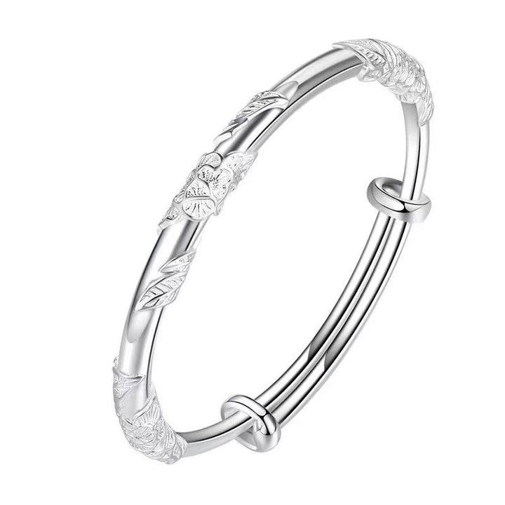Floral Jade Bracelet, Solid S999 Fine Silver, Engraved - view 2