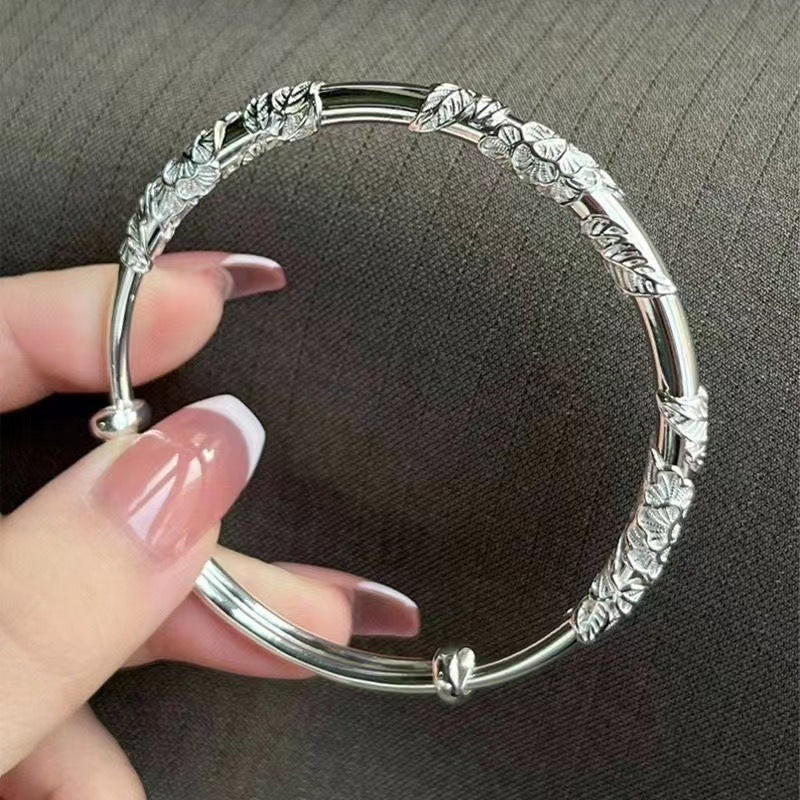 Floral Jade Bracelet, Solid S999 Fine Silver, Engraved