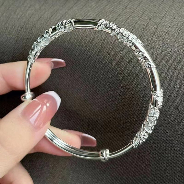 Floral Jade Bracelet, Solid S999 Fine Silver, Engraved