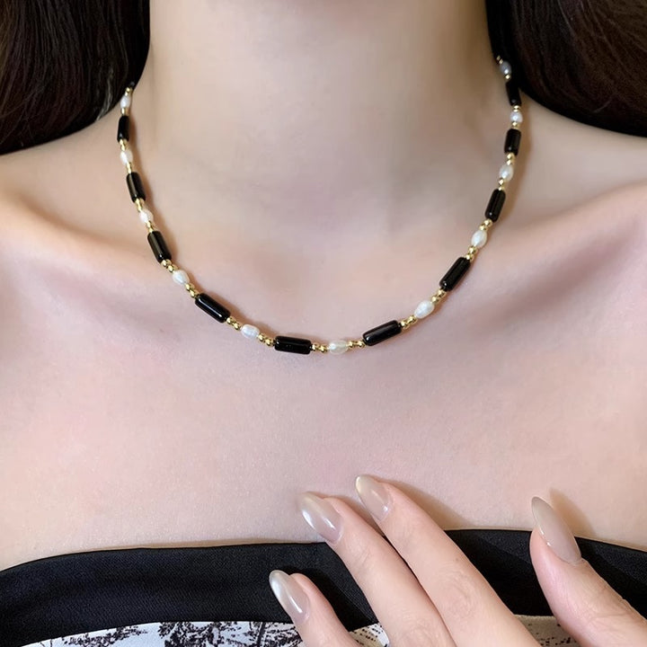 Freshwater Pearl & Black Agate Necklace, Color-Block Choker - view 2