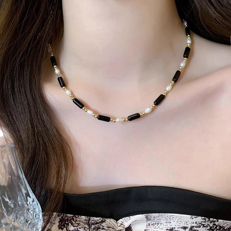 Freshwater Pearl &amp; Black Agate Necklace, Color-Block Choker