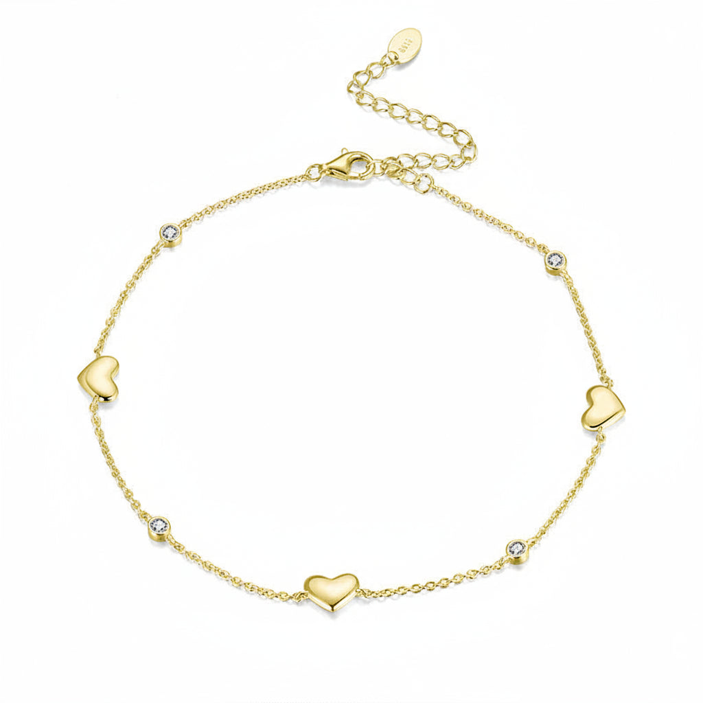 14K Gold-Plated Heart Bead Anklet – Zircon Accents