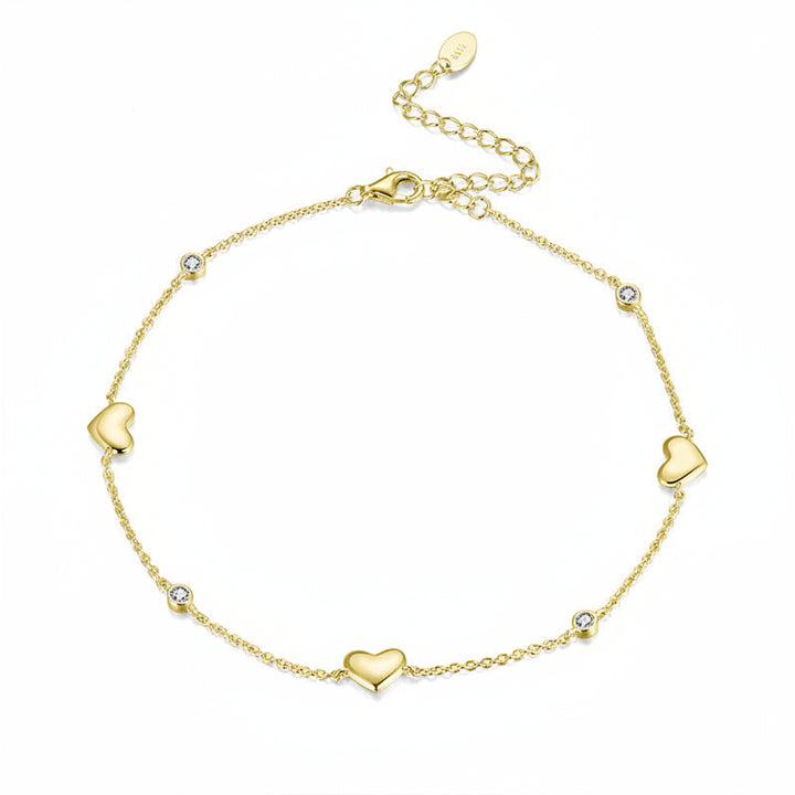 S925 sterling silver heart bead anklet with zircon accents