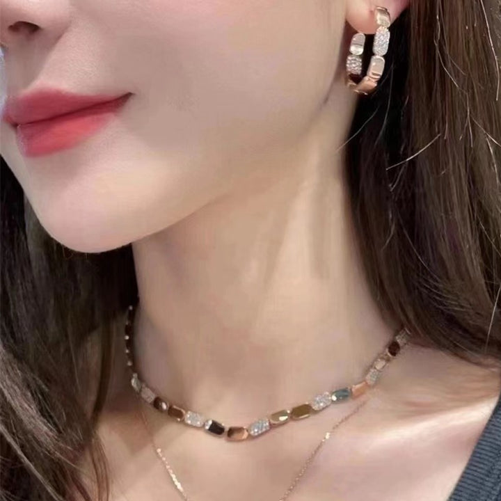 Honeycomb Crystal Pavé Clavicle Chain Necklace, Adjustable Rose Gold - view 2