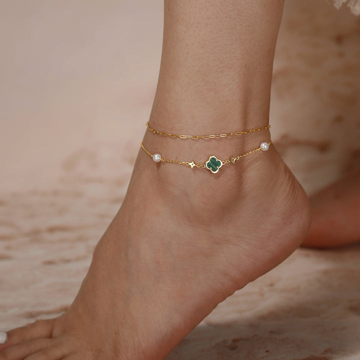 925 sterling silver malachite clover anklet with shell pearl beads
