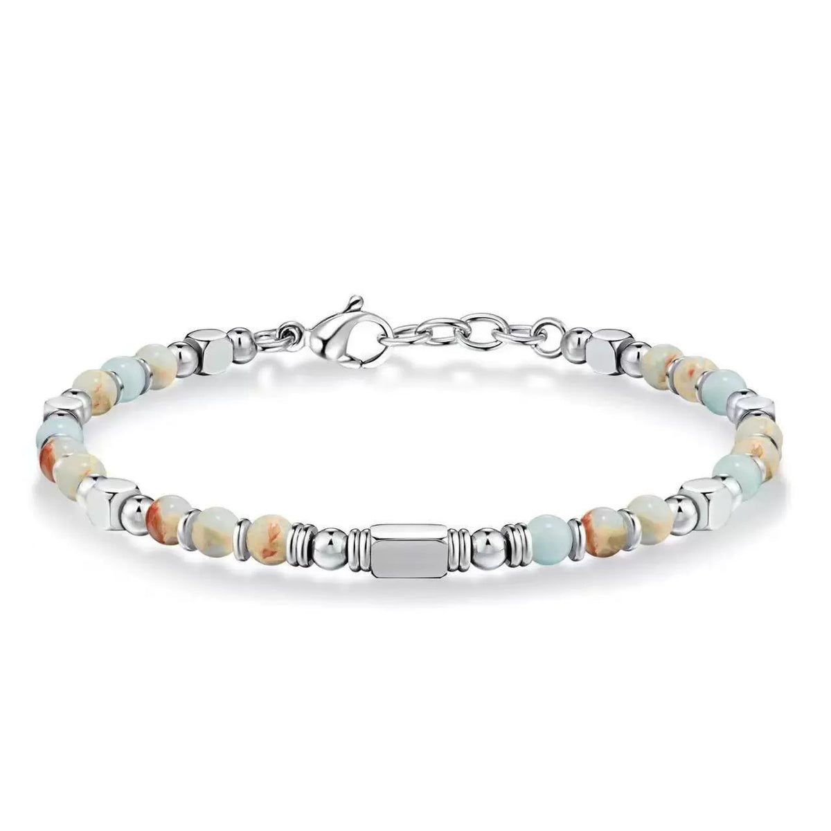 Natural Stone Beaded Bracelet, Stainless Steel, Engravable