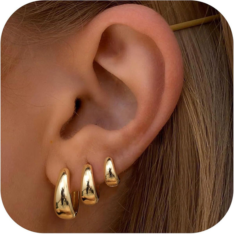 Oval Huggie Earrings Set, 3 Pairs, Gold or Silver-Plated Brass