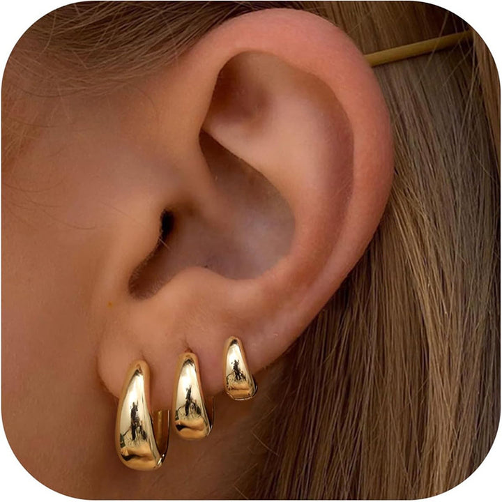 Oval Huggie Earrings Set, 3 Pairs, Gold or Silver-Plated Brass
