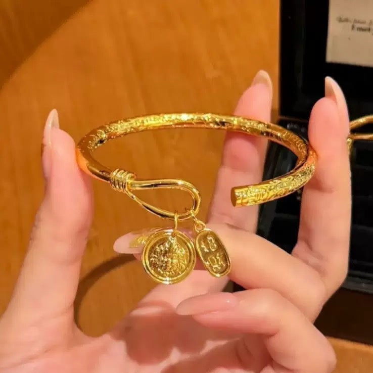 Palace Bell Bracelet, Chinese-Style Auspicious Charm, Gold Plated