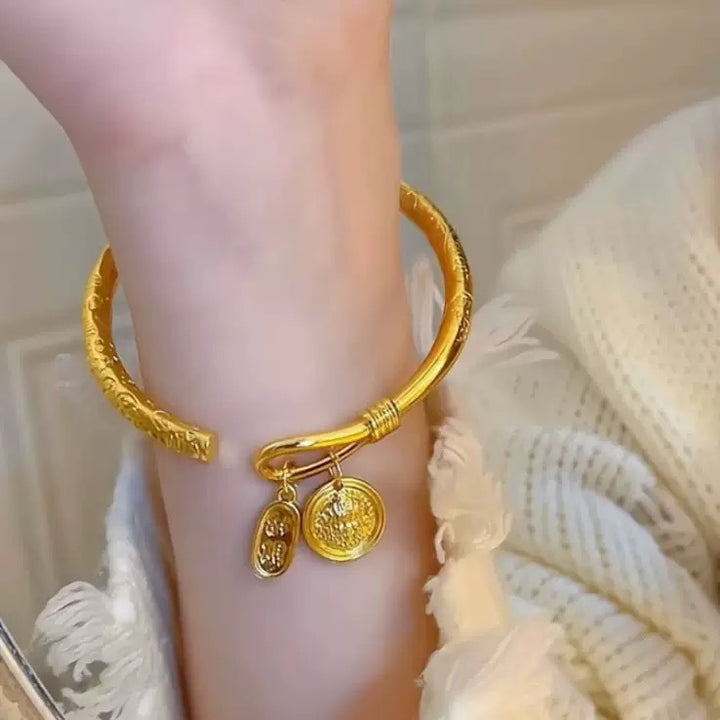 Palace Bell Bracelet, Chinese-Style Auspicious Charm, Gold Plated - view 3