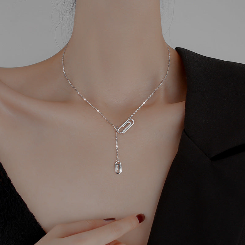 Paperclip Pin Necklace, S925 Sterling Silver, White Gold