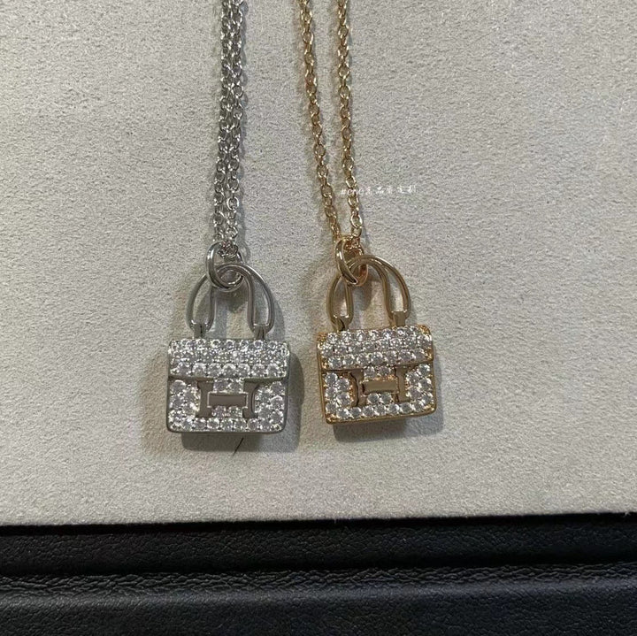 Pavé Letter Pendant Necklace, Vintage Bag-Chain Style, Rose Gold - view 2