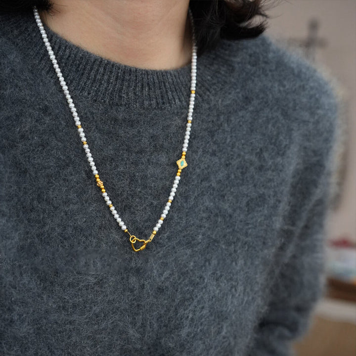 Pearl & Jade Pendant Necklace, 18K Gold Paperclip Chain - view 2