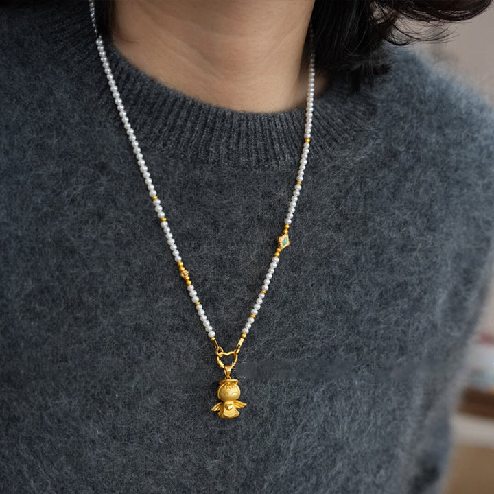 Pearl & Jade Pendant Necklace, 18K Gold Paperclip Chain