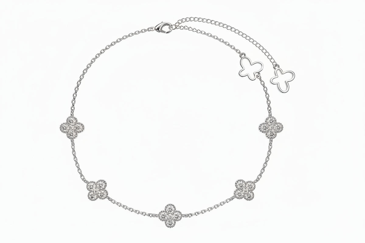 S925 Sterling Silver Four-Flower Anklet, Platinum or Gold with Cubic Zirconia
