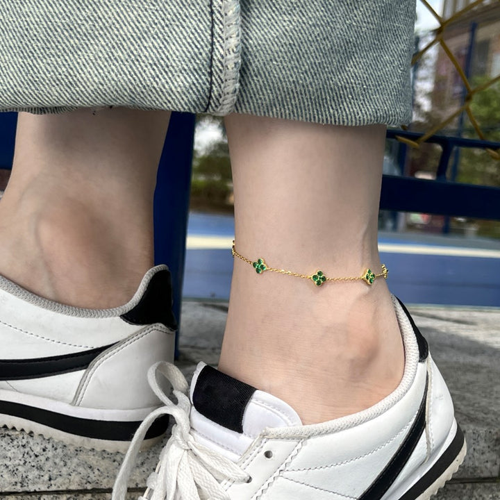 S925 silver four-flower anklet with cubic zirconia