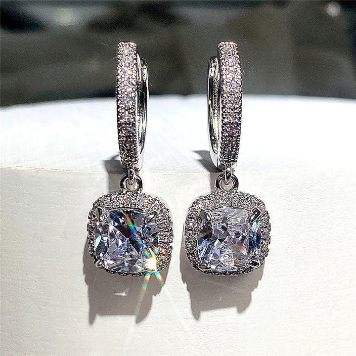 Square Cubic Zirconia Earrings, Brilliant Cut, White Gold