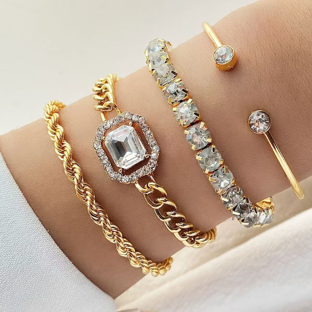 Square Diamond Chain Bracelet Set, 4-Piece Stack