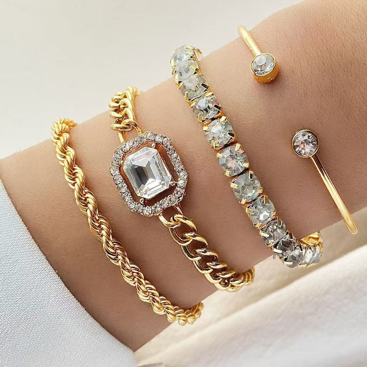 4-piece square diamond chain bracelet stacking set
