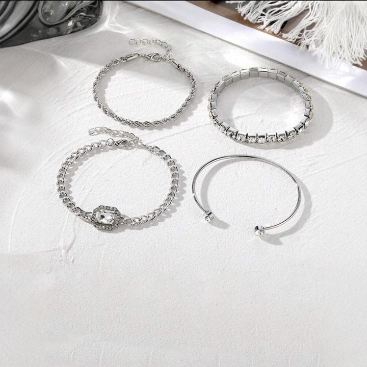 4-piece square diamond chain bracelet stacking set
