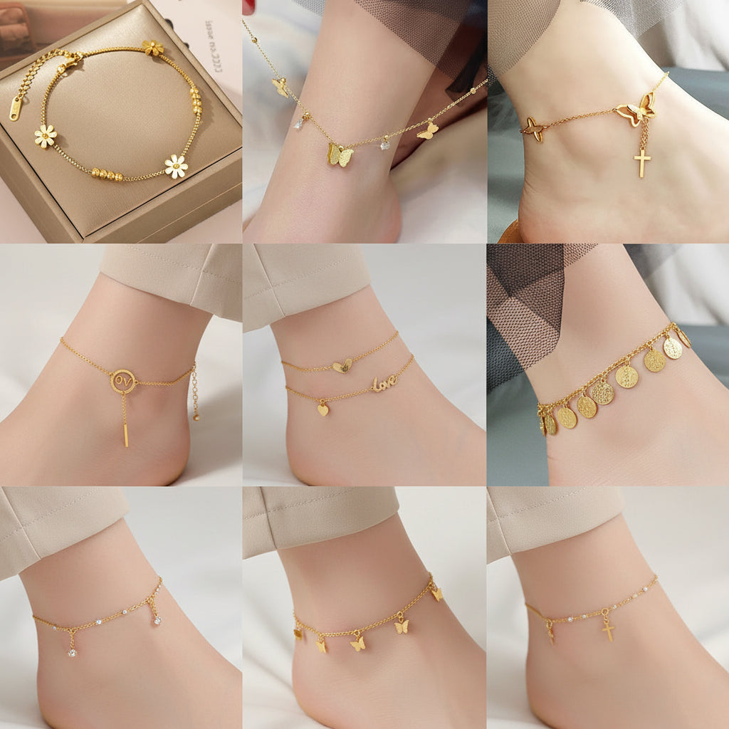 Stainless Steel Anklet, 18K Gold-Plated, Interchangeable Chain Styles