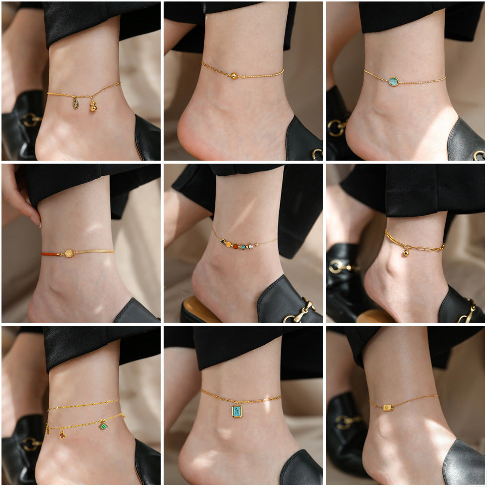 Titanium Steel Charm Anklet, Red Cord, Interchangeable Charms