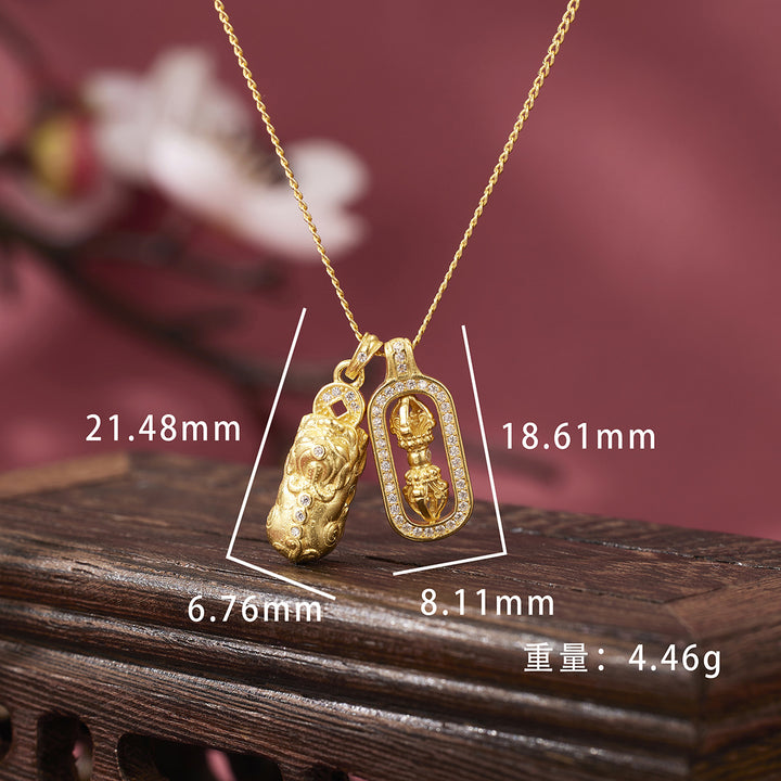 Vajra & Pixiu Pendant Necklace Set, S925 Sterling Silver, Chinese Style - view 2