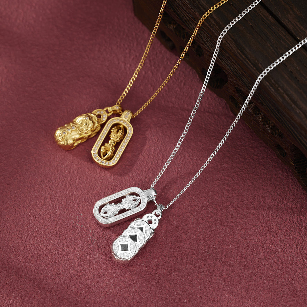 Vajra & Pixiu Pendant Necklace Set, S925 Sterling Silver, Chinese Style