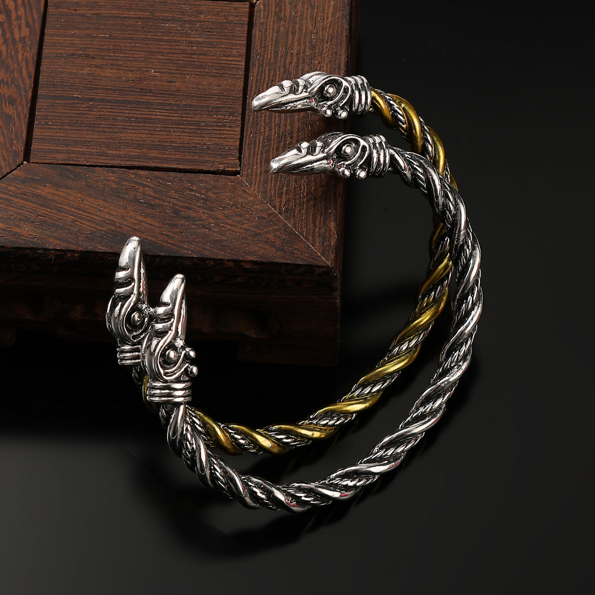 Viking Raven Head Open Bracelet, Adjustable, Punk Style