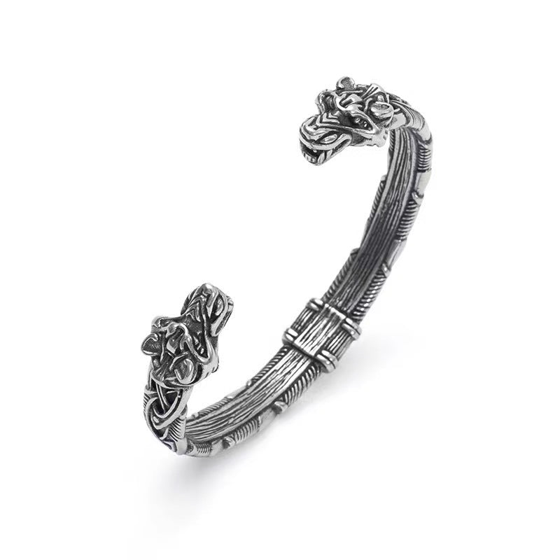 Wolf Head Open Bracelet, Titanium Steel, Nordic Style