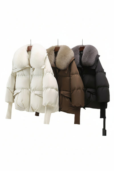 Women's Short Puffer Jacket with Faux-Fur Collar