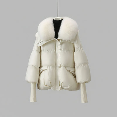 Women's Short Puffer Jacket with Faux-Fur Collar
