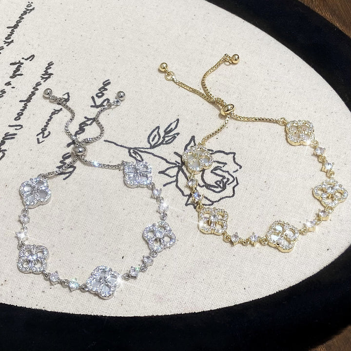 14K gold-plated zircon shell four-leaf flower statement bracelet